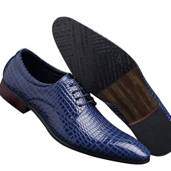 Santimon Men's US 8, 10 Blue Alligator Pattern Pointed Toe Lace Up Derby Shoes - Picture 8 of 11